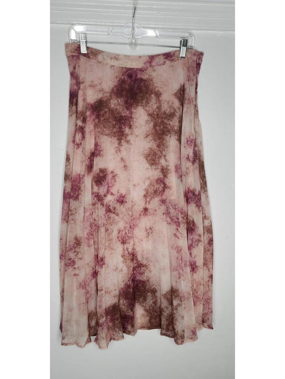 Free Press Skirt Womens Large Pink Brown Pleated Chiffon Midi Tie Dye Boho chic